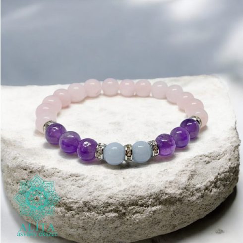 Angelit-ametiszt-rózsakvarc ásvány karkötő 8 mm