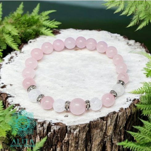 Roppantott hegyikristály - rózsakvarc ásvány karkötő