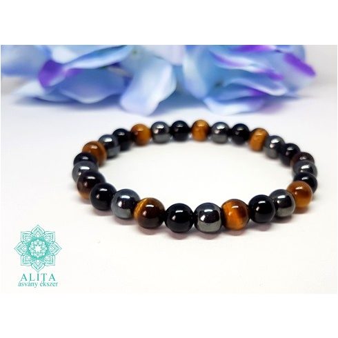 Ónix-hematit-tigrisszem  8 mm ásvány karkötő