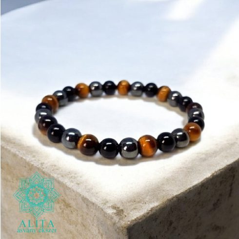 Ónix-hematit-tigrisszem  8 mm ásvány karkötő