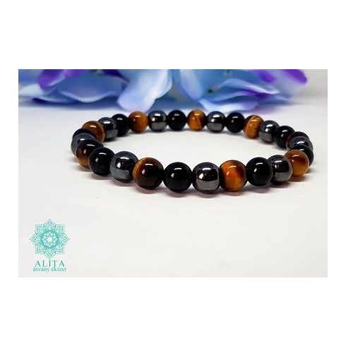 Ónix-hematit-tigrisszem  8 mm ásvány karkötő