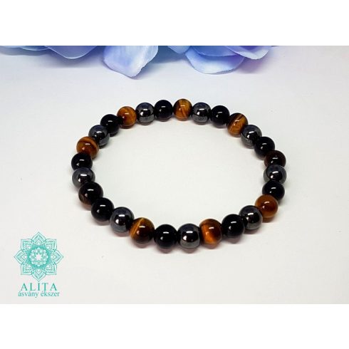 Ónix-hematit-tigrisszem  8 mm ásvány karkötő