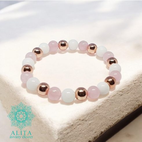 Rózsakvarc-tejkvarc-hematit ásvány karkötő