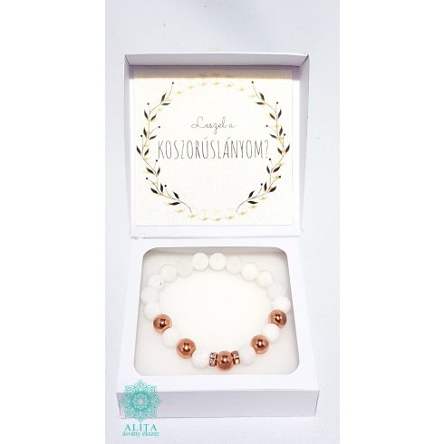 Koszorúslány felkérő tejkvarc- rosegold hematit ásvány karkötő 