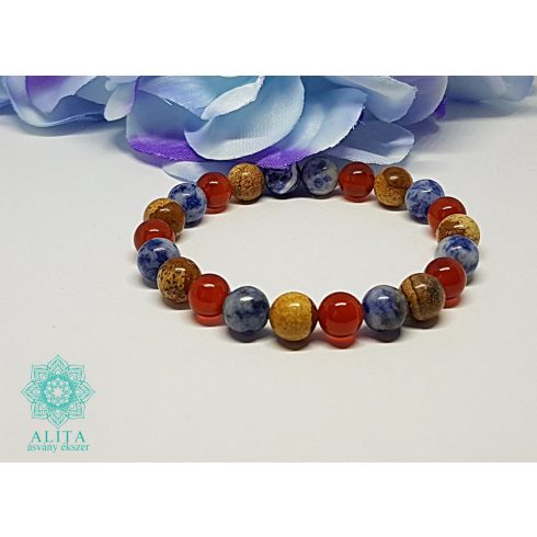 Kos csillagjegy-szodalit-karneol-képjáspis 8 mm ásvány karkötő