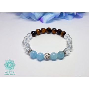   Ikrek csillagjegy karkötő-akvamarin-hegyikristály-tigrisszem