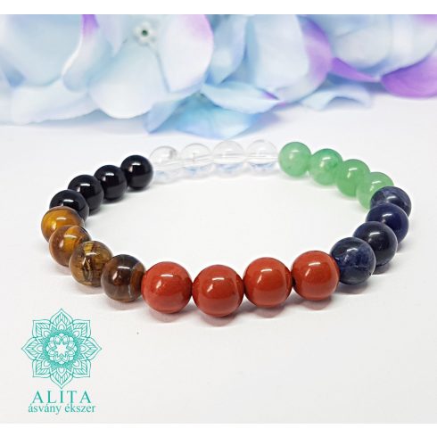 Aventurin-szodalit-jáspis-ónix-hegyikristály Nyilas ásvány karkötő 