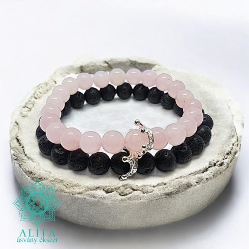 Rózsakvarc-lávakő páros ásvány karkötő