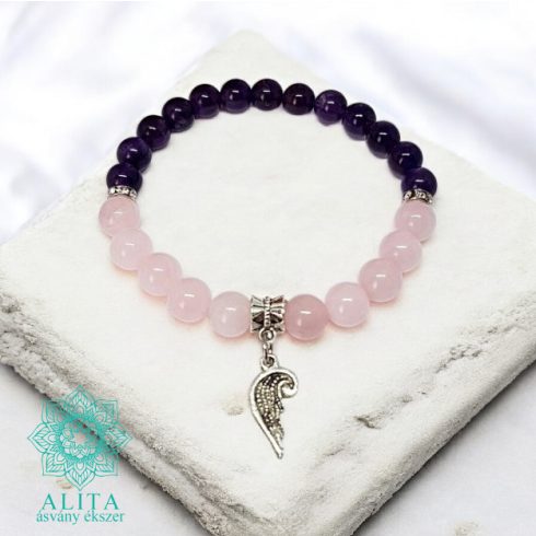 Ametiszt és rózsakvarc ásvány karkötő, angyalszárny medállal