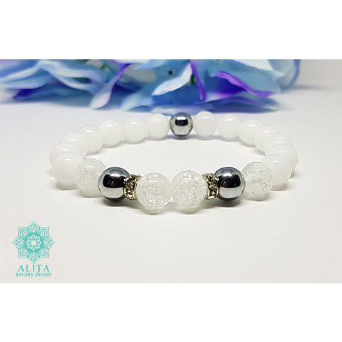 Tejkvarc-hematit- hegyikristály 8 mm ásvány karkötő