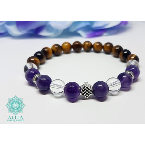 Szűz csillagjegy karkötő- tigrisszem-ametiszt-hegyikristály