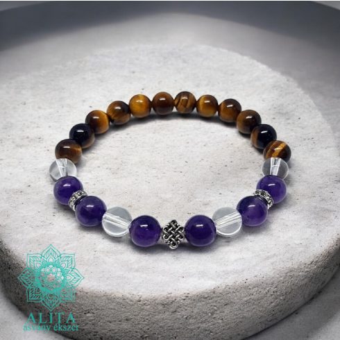 Szűz csillagjegy karkötő- tigrisszem-ametiszt-hegyikristály