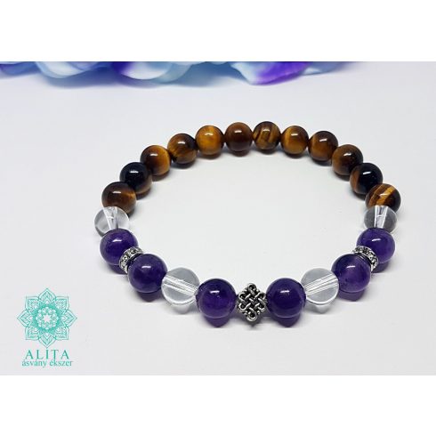 Szűz csillagjegy karkötő- tigrisszem-ametiszt-hegyikristály