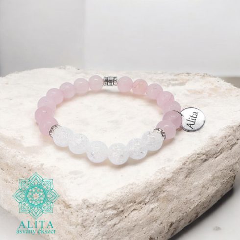 Rózsakvarc-roppantott hegyikristály ásvány karkötő