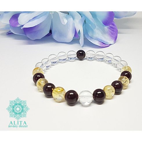 Ikrek csillagjegy karkötő- citrin-gránát-hegyikristály