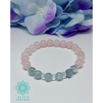 Akvamarin- rózsakvarc ásvány karkötő 