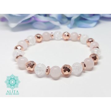   Rózsakvarc-rose gold hematit- hegyikristály ásvány karkötő 8 mm