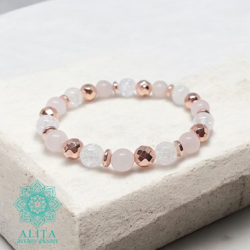 Rózsakvarc-rose gold hematit- hegyikristály ásvány karkötő 8 mm