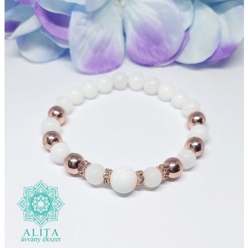 Tejkvarc-rose gold hematit 8 mm-es ásvány karkötő