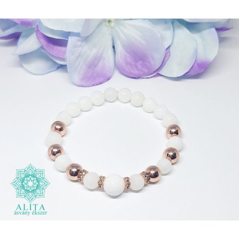 Tejkvarc-rose gold hematit 8 mm-es ásvány karkötő