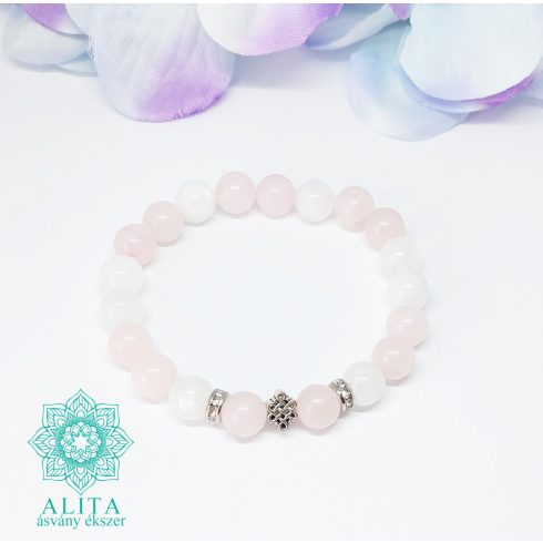 Rózsakvarc-szivárvány holdkő 8 mm ásvány karkötő