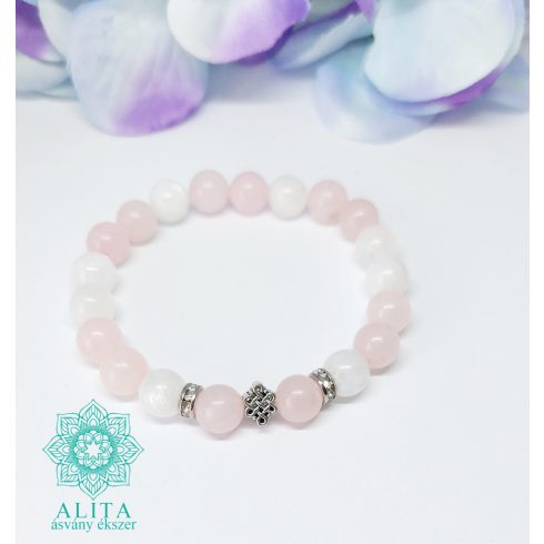 Rózsakvarc-szivárvány holdkő 8 mm ásvány karkötő