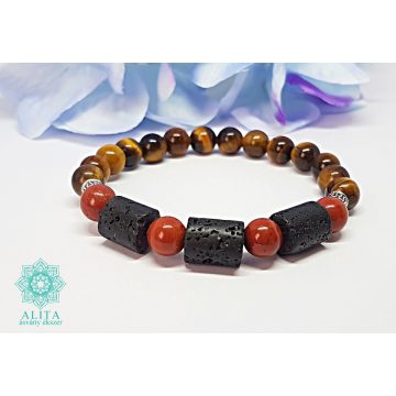 Tigrisszem-jáspis-lávakő ásvány karkötő 8-10 mm