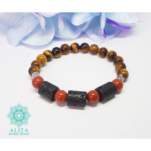 Tigrisszem-jáspis-lávakő ásvány karkötő 8-10 mm