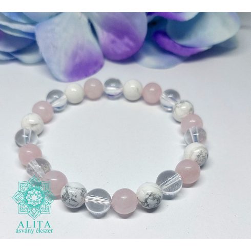 Rózsakvarc-howlit-hegyikristály ásvány karkötő