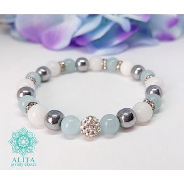 Akvamarin-tejkvarc-hematit 8-as ásvány karkötő