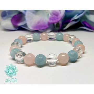 Akvamarin-rózsakvarc-hegyikristály ásvány karkötő 